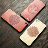 Wood Case For iphone 7 7 6 6s Plus Cover Retro 3D Embossed Flower Paisley Mandala Henna Wooden Phone Cases Shell TPU + PC Fundas