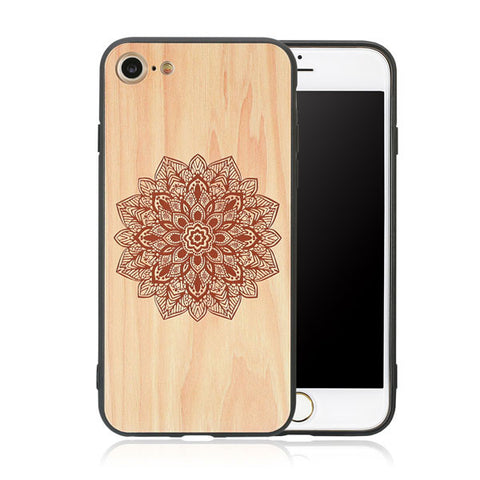 Wood Case For iphone 7 7 6 6s Plus Cover Retro 3D Embossed Flower Paisley Mandala Henna Wooden Phone Cases Shell TPU + PC Fundas