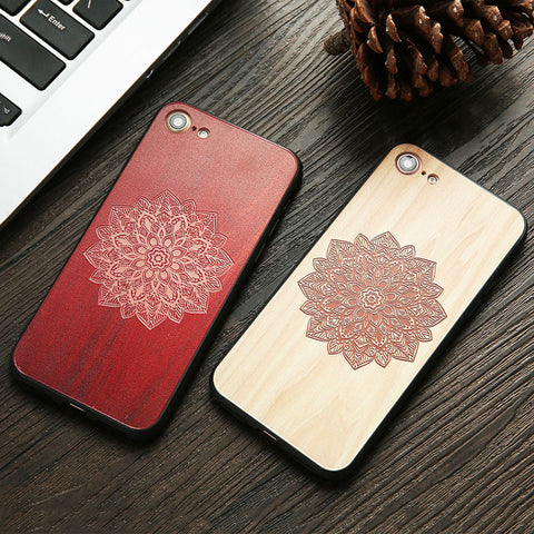 Wood Case For iphone 7 7 6 6s Plus Cover Retro 3D Embossed Flower Paisley Mandala Henna Wooden Phone Cases Shell TPU + PC Fundas