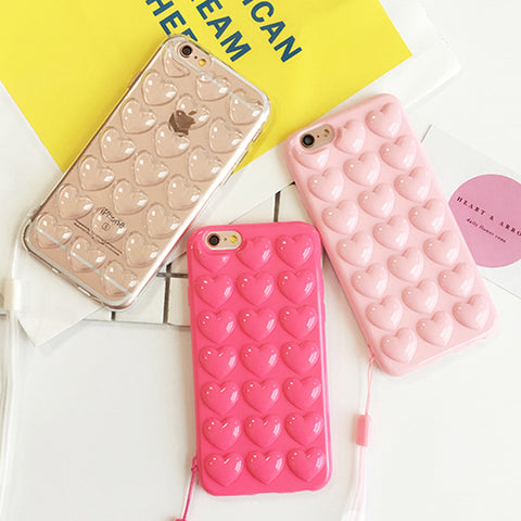Fashion Candy Color DIY 3D Love Heart Phone Cases For iphone 7 6 6s Plus Case Cute Soft TPU Silicon Back Cover With Lanyard Capa